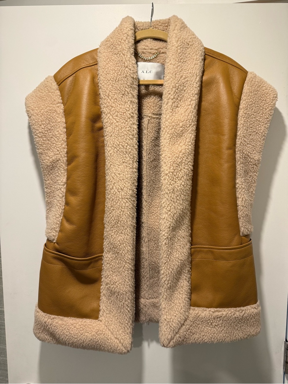 A.L.C. Tan Shearling-Trim Leather Vest with Cream Sherpa